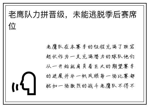老鹰队力拼晋级，未能逃脱季后赛席位