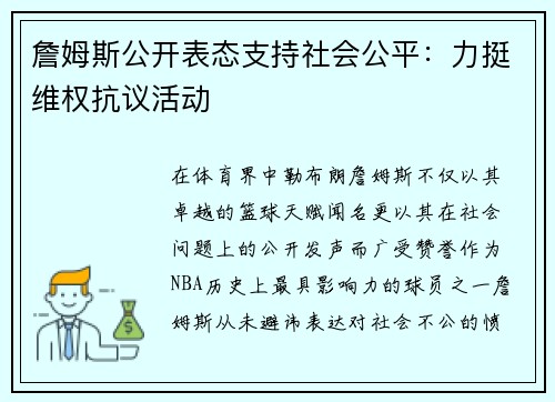 詹姆斯公开表态支持社会公平：力挺维权抗议活动